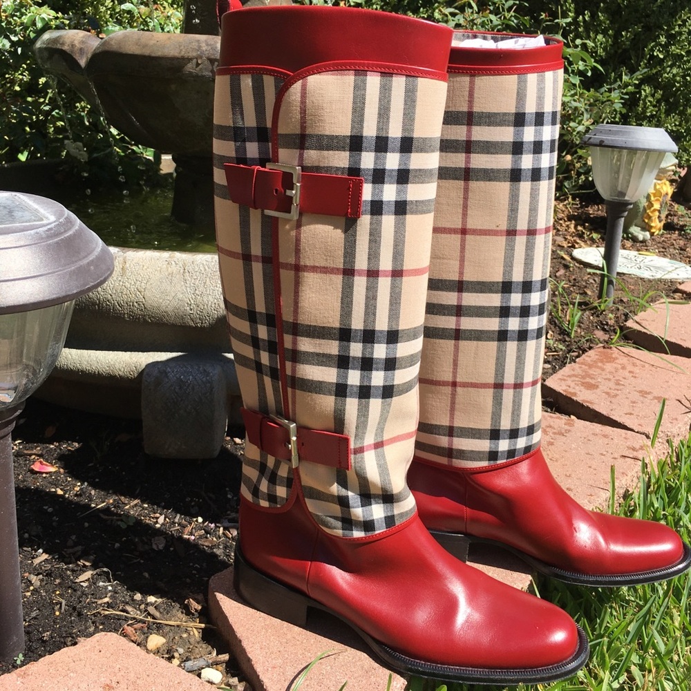 Burberry Red and Beige Check Heeled Boots
